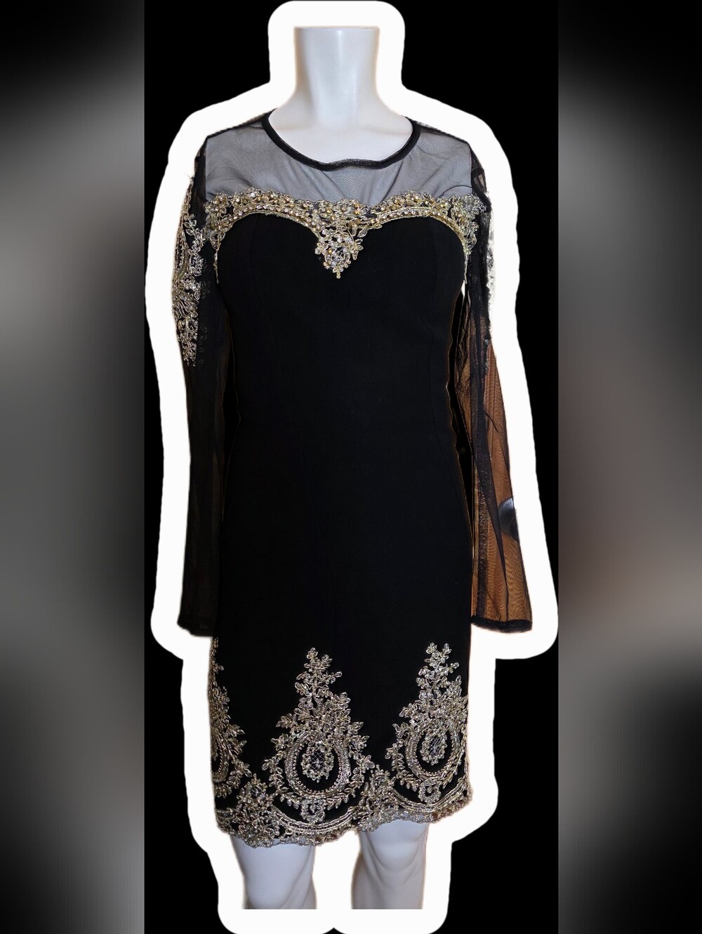 Black Long-Sleeve Embellished Evening Dress